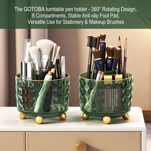 Dark Green Pen Pencil Holder for Desk, 360Â° Rotating Pen Organizer, Green Office Supplies, Cute Pen Holder, 6-Compartment Pencil Holder Rotating