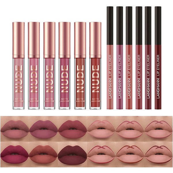 BestLand 12Pcs Matte Liquid Lipstick + Lip Liner Pens Set, Velvety Nude Lip Stain Waterproof Long Wear Makeup Gift Set 12 Count Set A