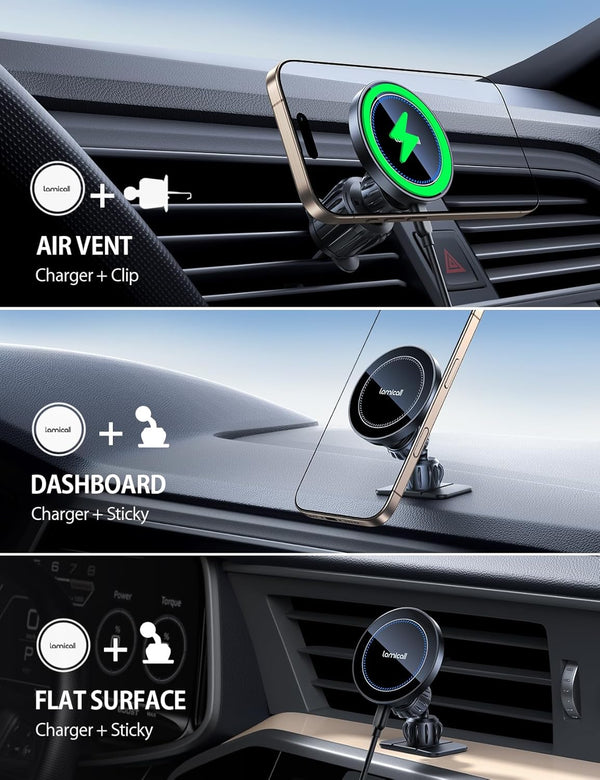 Lamicall 15W for Magsafe Car Mount Charger - [3-In-1 Upgraded Intelligent Chip] 360ÃÂ° Wireless Car Phone Holder Charger Vent Dashboard Magnetic