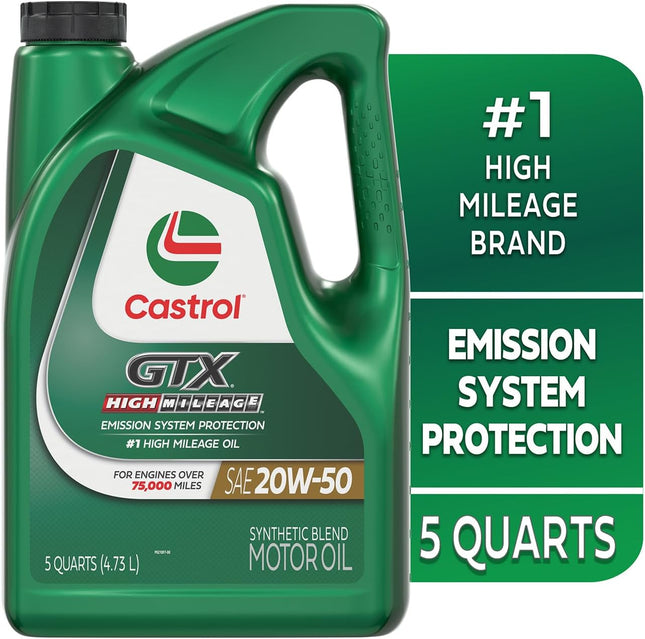 Castrol GTX High Mileage 20W-50 Synthetic Blend Motor Oil, 5 Quarts