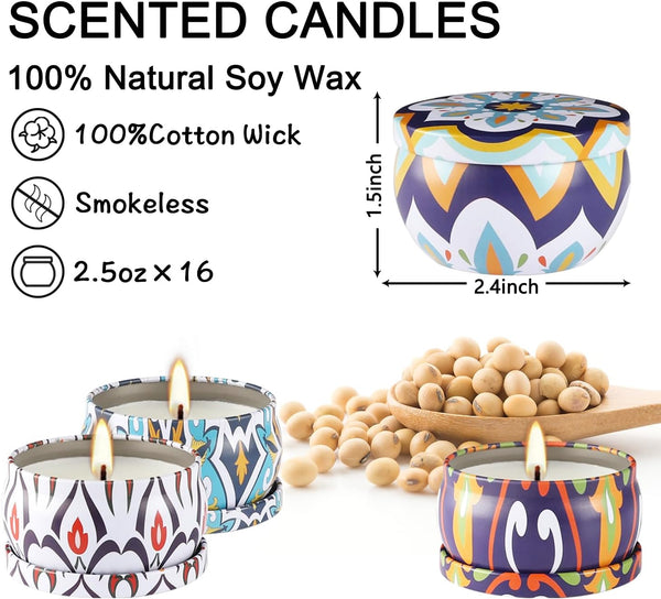 16 Pack Small Scented Candles Set-2.5 oz Aromatherapy Candle 100% Natural Soy Wax-Portable Travel Tin Candle for Woman Home Décor Birthdays Meditation