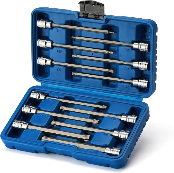 EMENTOL 12PCS 3/8" Drive Extra Long Torx Bit Socket Set, CR-V, S2 Steel, 5.9" Length Star Bit Socket Set, T10 - T60 12PCS Extra Long Torx Bit