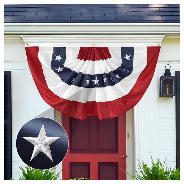 2x4 Ft American Pleated Fan Flag USA Bunting 4th of July Flags Decor Outside Porch Garden Banner Embroidered Patriotic Stars & Sewn Stripes Canvas