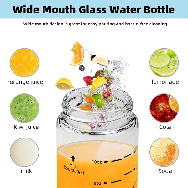 Glass Juice Bottles 4 Pack 16 Oz - Wide Mouth Glass Water Bottles with Lids - Borosilicate,Stainless Steel Lids for Juicing, Smoothies, Infused