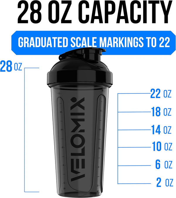 VELOMIX -2 Pack- 28 oz Protein Shaker Bottles for Protein Mixes - 2x Wire Whisk | Leak Proof Shaker Cups for Protein Shakes | Protein Shaker