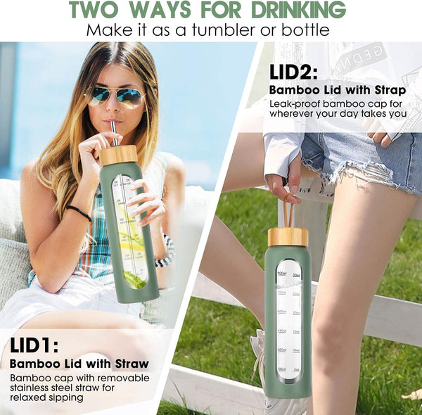 SipZest 32 oz Glass Water Bottle with Straw - Motivational Time Marker & Silicone Sleeve - Reusable Tumbler Includes 2 Bamboo Lids & Fruit Infuser
