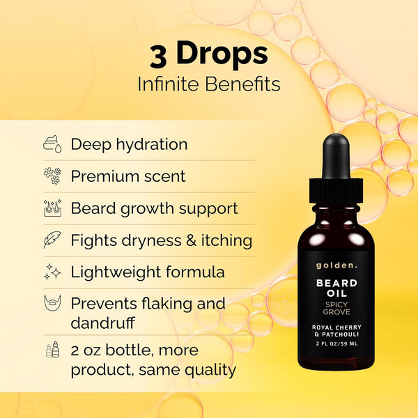Golden Grooming Beard Oil for Men | Natural Growth Kit with Castor Oil, Jojoba Oil, and Olive Oil | Tames, Moisturizes & Styles | Spicy Grove