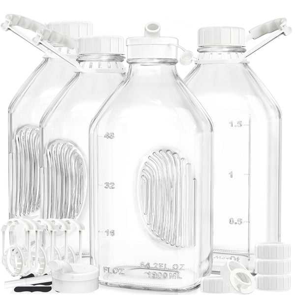 Syntic 4 Pack 2 Qt Glass Milk Bottles with Handle and Airtight Reusable Screw Lids, 1/2 Gal Glass Water & Juice Bottles, 64 Oz Milk Jug Pitcher W