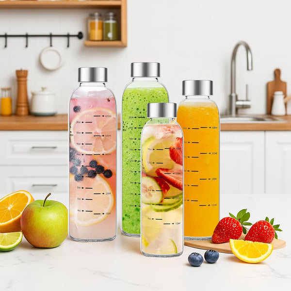 Glass Water Bottles with Lids 17 Oz, Clear Juice Bottles with Stainless Steel Cap, Reusable Glass Drinking Bottle for Juicing, Refrigerator,100%