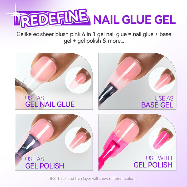Gelike EC 6-in-1 Jelly Nail Glue Gel: Sheer Blush Pink UV Rubber Base Builder Gel for Apex Building & Short Extension – Extra Strong Adhesive for