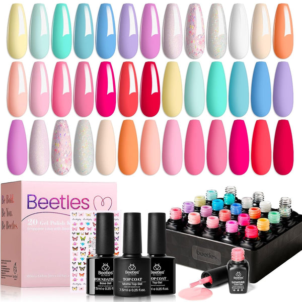 Beetles Gel Nail Polish Set With Base & Matte Top Coat Pastel Gel Polish | 20 Color Pastel Shades Featuring Pink Blue Purple Green Yellow Nude
