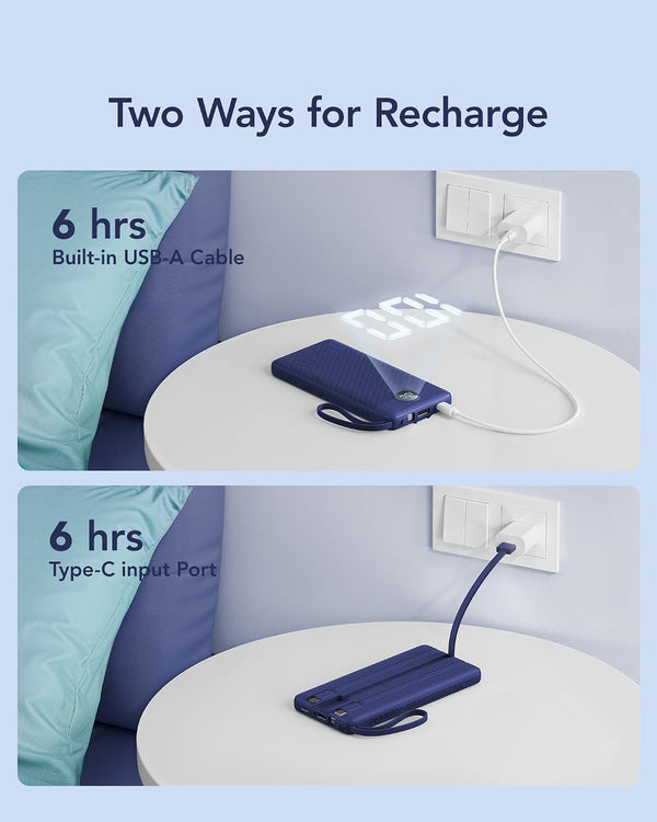 VRURC Portable Charger, Built in 4 Cables & Lanyard Power Bank 10000mAh Navy