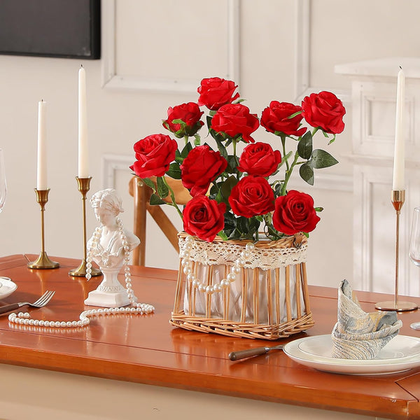 Hawesome 12PCS Artificial Silk Flowers Realistic Roses Bouquet Long Stem for Home Wedding Decoration Party (Red, 6 Flowers 6 Buds) Red 6 Flowers 6
