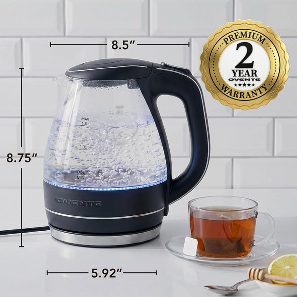 OVENTE Electric Kettle, 1.5L Borosilicate Glass Countertop Water Heater and Boiler for Coffee or Tea, BPA-Free, Auto Shut-Off, Boil-Dry