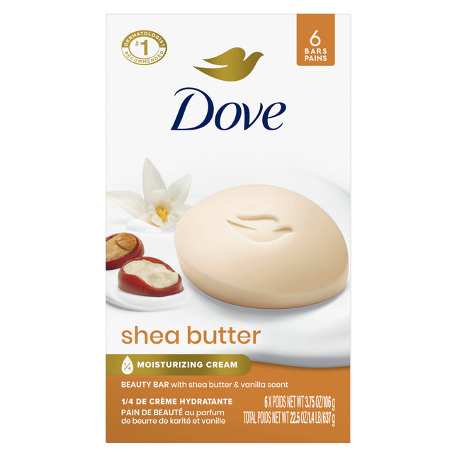 Dove Beauty Bar Soap Shea Butter, 6 Bars for Nourished, Radiant Skin, Enriches S
