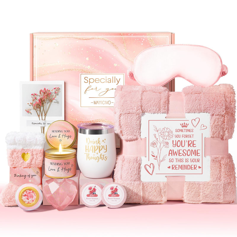 Birthday Gifts for Women, Self Care Gifts Get Well Soon Gifts Basket for Women, Rose Relaxing Spa Gifts Care Package W/ Luxury Blanket, Mothers