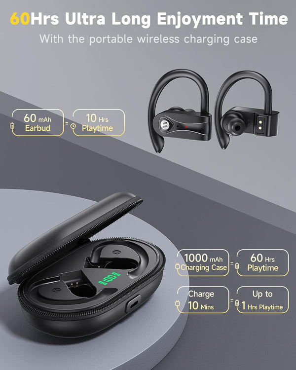 Wireless Earbuds 4 Mic Clear Call Bluetooth Headphones Wireless Charging Case Stereo Bass Sound 60H Playtime over Ear Earphones LED Digital
