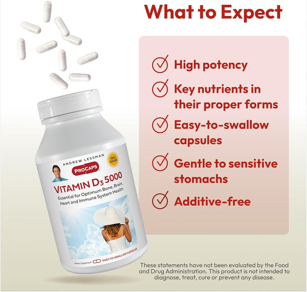 ANDREW LESSMAN Vitamin D3 5000 IU 180 Capsules - High Potency, Essential for Calcium Absorption, Supports Bone Health, Healthy Muscle Function,