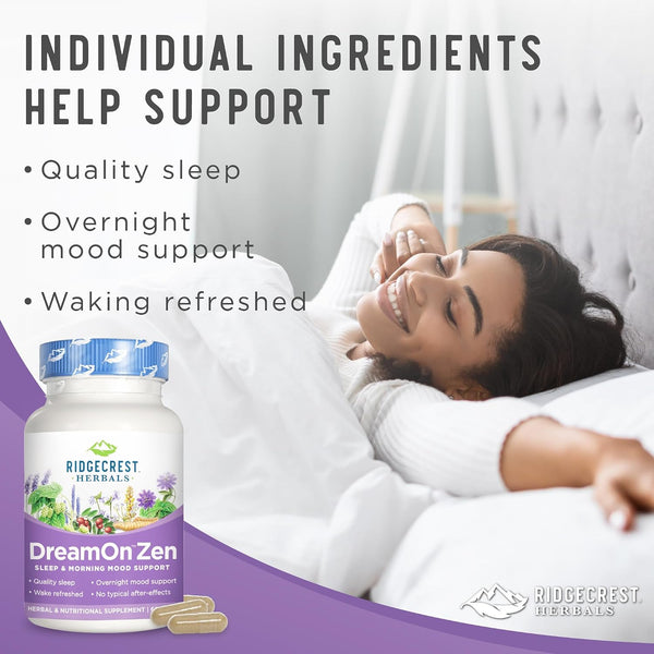 Ridgecrest Herbals Dreamon Zen, Sleep Support Supplement, Melatonin Free, Magnesium, 5-HTP, Lavender, Chamomile, Valerian, Lemon Balm for Adults