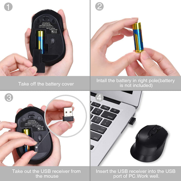 Cimetech Wireless Ergonomic Optical Mouse, 6 Buttons, Silent with USB Receiver and 3 Adjustable DPI for Laptop, Desktop, Mac, PC - Black