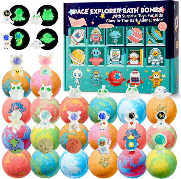 20 Pack Galaxy Bath Bombs for Kids with Space Explorer Toys, Cosmic Adventure Kids Bath Bombs with Astronauts, Rockets, Planets & Glow-In-The-Dark