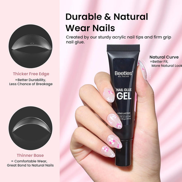 Beetles Gel Nail Kit Short Almond, with Dehydrator and Primer | 576Pcs Half Matte Etch-X Gel Nail Tips Solid Nail Glue Mini Lamp Acrylic Tips DIY