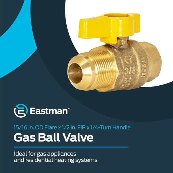 Eastman Straight Gas Brass Ball Valve, 1/2 in FIP x 15/16 in OD Flare Female, 1/4-Turn Handle, 60031 1/2-Inch FIP x 5/8-Inch OD