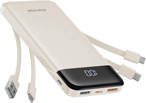 Portable Charger with Built in Cables, Portable Charger with Cords Wires Slim 10000Mah Travel Essentials Battery Pack 6 Outputs 3A Fast Charging