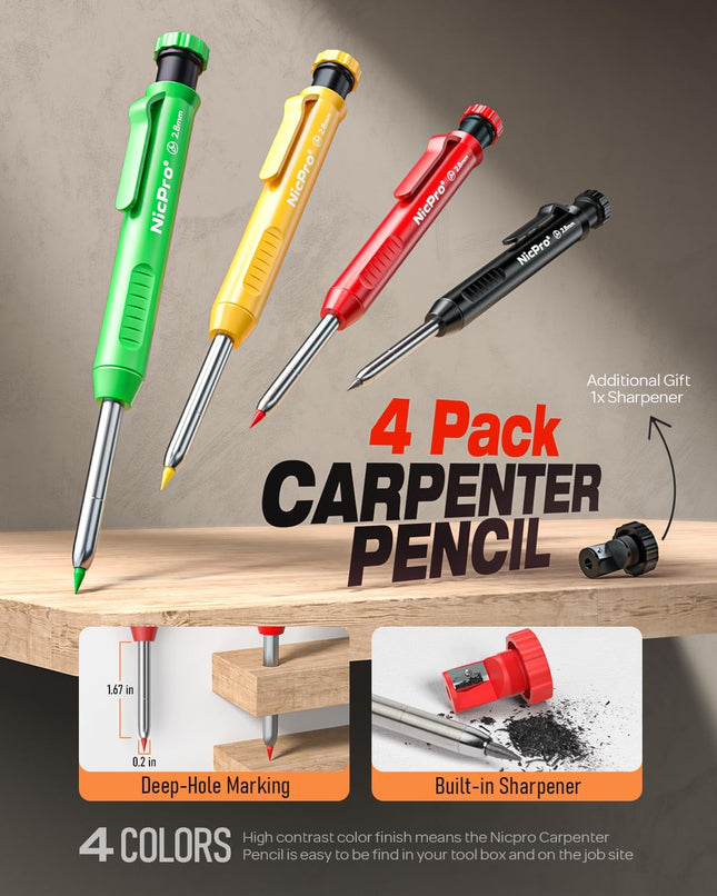 Nicpro 4 Pack Carpenter Pencil with Sharpener, Mechanical Carpenter Pencils with
