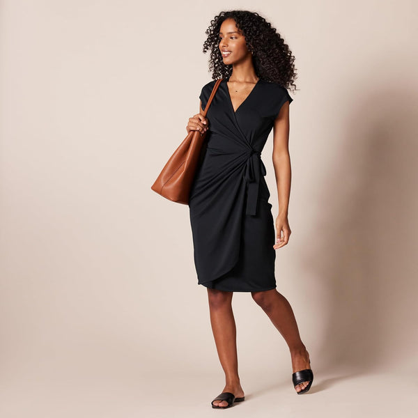 Amazon Essentials Women's Classic Cap Sleeve Wrap Dress with V Neck (Available in Plus Size) Large Black