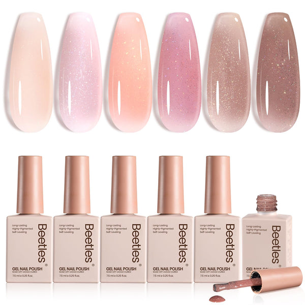 Beetles Jelly Gel Nail Polish Set, 6 Colors Shimmer Gel Polish Kit | Glitter Shimmer Nude Pink Brown Sheer Transparent Effect Soak Off UV Lady
