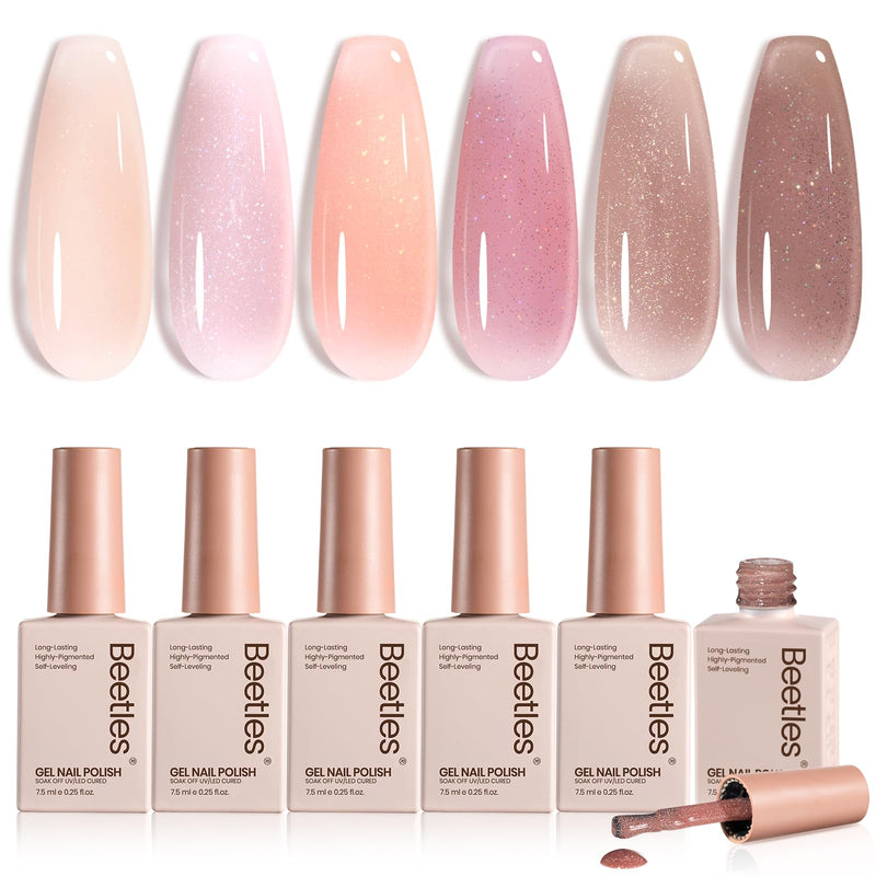 Beetles Jelly Gel Nail Polish Set, 6 Colors Shimmer Gel Polish Kit | Glitter Shimmer Nude Pink Brown Sheer Transparent Effect Soak Off UV Lady