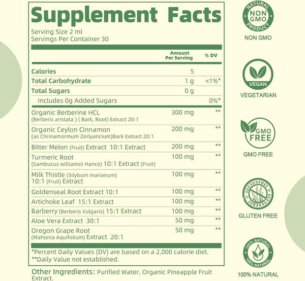 Berberine Supplement with Ceylon Cinnamon - Berberine Liquid Drops with Turmeric Curcumin, Ceylon Cinnamon, Bitter Melon, Berberine Phytosome for