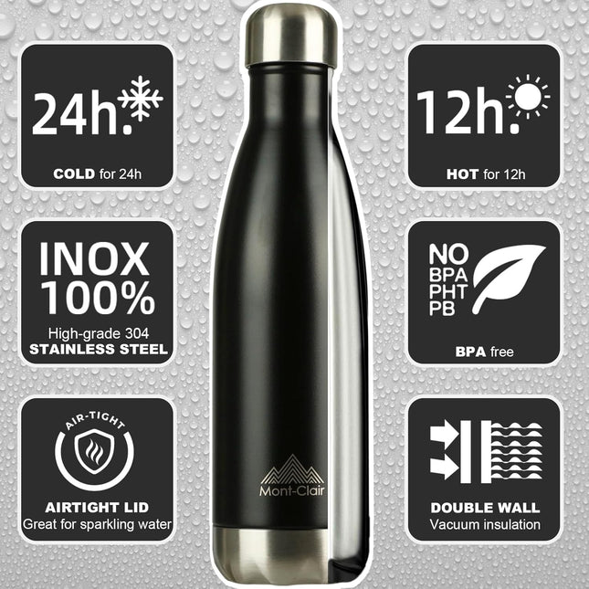H2O Stainless Steel Water Bottle, Vacuum Insulated - BPA Free, 12H Hot & 24H Cold Drinks Bottle, Metal, 17 Oz Leakproof,