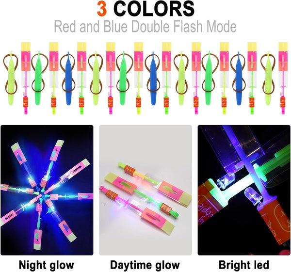 lpvoqpth 25 Sets LED Flying Set, 25 Slingshot+25 Glow Helicopter-50 Pcs, Flying Toy Outdoor Toys Glow in the Dark Party Supplies Party Favors for