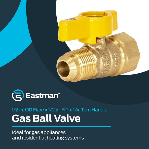 Eastman 1/2 Inch FIP X 1/2 Inch OD Flare Female Straight Gas Ball Valve with 1/4-Turn Handle, Brass Plumbing Fitting, 60003