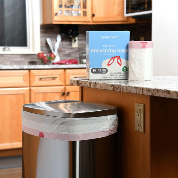 Amazon Basics 13 Gallon Tall Kitchen Drawstring Trash Bags, Clean Fresh Scent, 10% Post Consumer Recycled Material, 80 Count White 1 Count (Pack