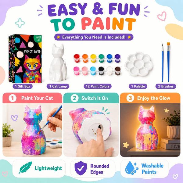Goodyking Paint Your Own Cat Lamp Kit, DIY Cat Crafts Night Light, Painting Kit Arts & Crafts for Kids Ages 8-12, Art Supplies Birthday Easter