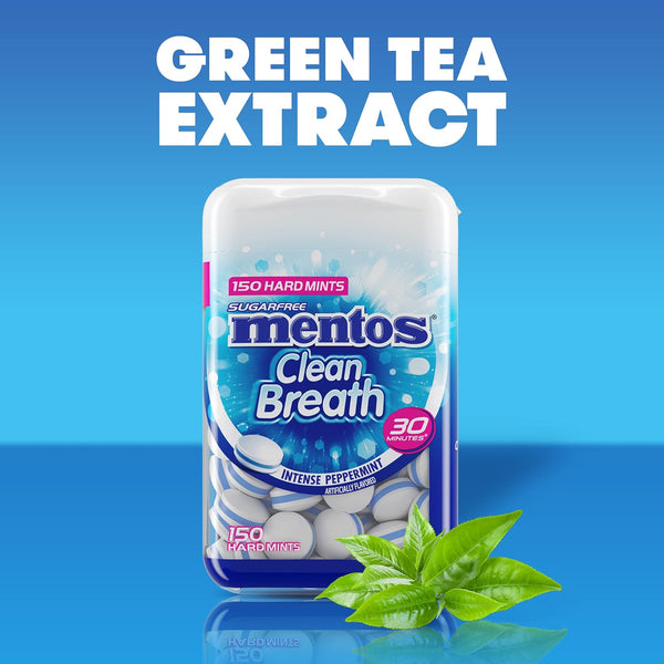 Mentos Clean Breath Hard Mints, Peppermint, 150 Piece Bottle (4 Pack) | Sugar Free, Green Tea Extract, Perfect for Long Lasting Fresh Breath at