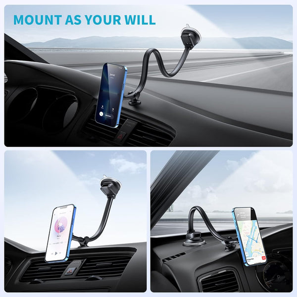 Apps2Car Magnetic Phone Holder Mount with 13-Inch Flexible Long Arm & 6 Strong Magnets, Anti-Shake Holder for Truck Windshield Dashboard, Suction