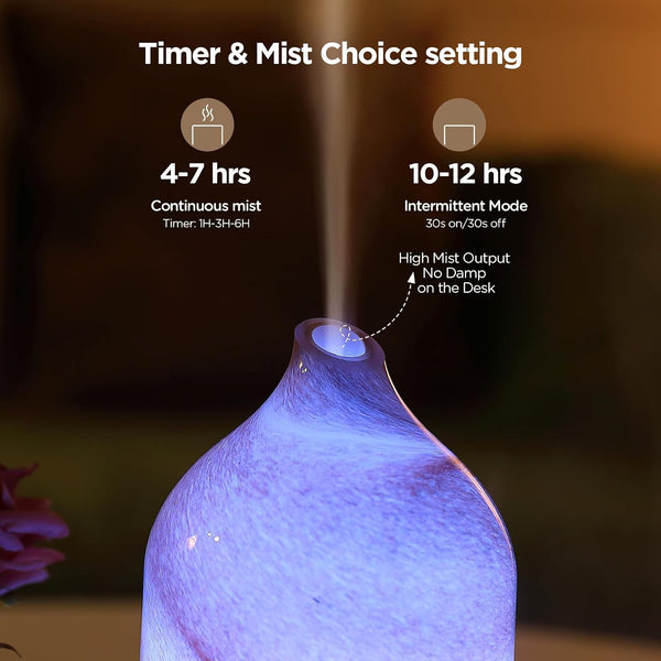 Essential Oil Diffuser Hand Blown Glass Aromatherapy Diffuser - Ultrasonic Cool Mist Scent Aroma Diffuser, Whisper Quiet with Auto Shut-Off, Timer