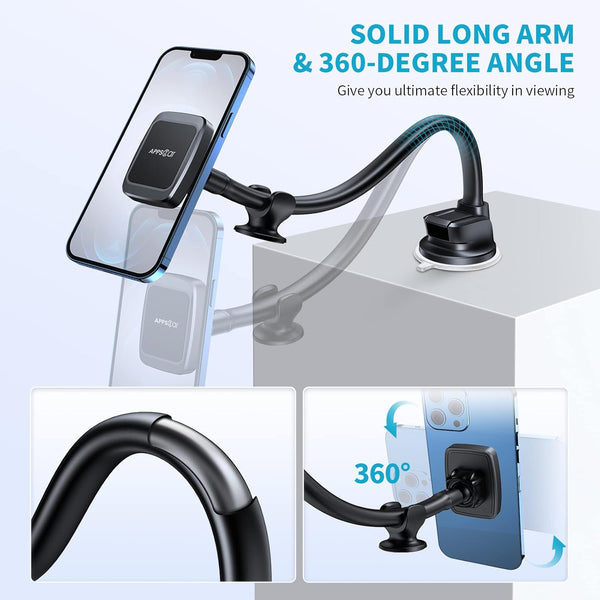 Apps2Car Magnetic Phone Holder Mount with 13-Inch Flexible Long Arm & 6 Strong Magnets, Anti-Shake Holder for Truck Windshield Dashboard, Suction
