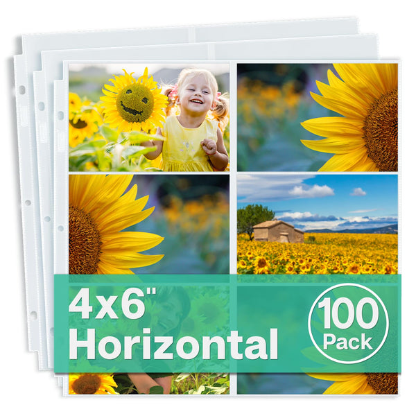 Dunwell 12x12 Scrapbook Page Protectors, 4x6 Photo Album Refill Pages, 100-Pack (13.1" x 12.7"), Fits 12x12 3-Ring & D-Ring Scrapbook Albums,