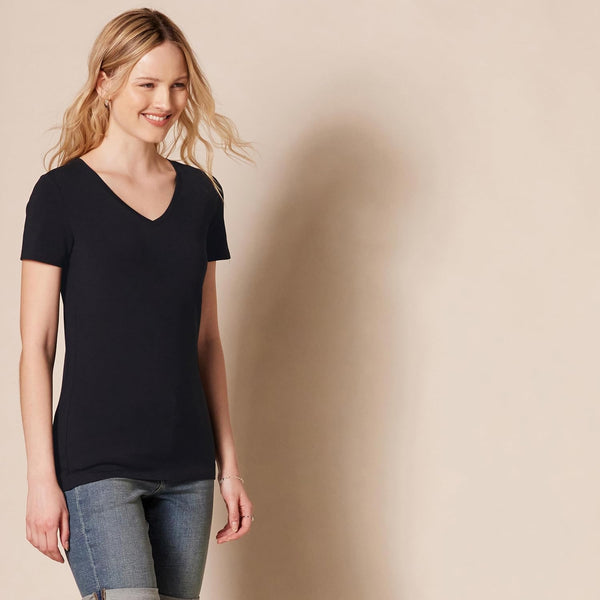 Amazon Essentials Women's Regular-Fit Short-Sleeve V-Neck T-Shirt, Multipacks 2 Black Large