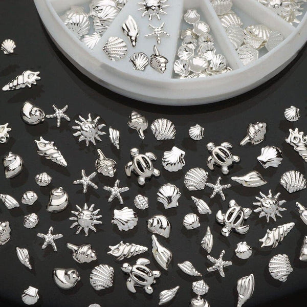 120Pcs/Pack Sliver Nail Art Decorations Mini Ocean Accessories Nail Art Rhinestones Silver Shell Conch Nail Charms Manicure Decor DIY Nail