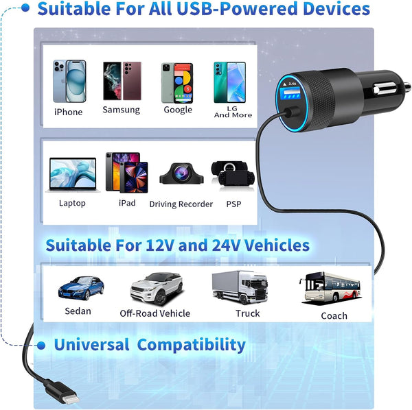 【MFi Certified】iPhone Fast Car Charger, Caiinei 4.8A Dual USB Power Cigarette Lighter iPhone Car Charger Fast Charging Built-in 6FT Lightning