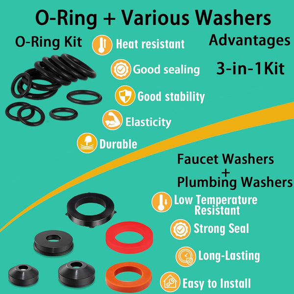 XBVV 37 Size 1075 Pcs Faucet Washers & O-Rings Kit & Plumbing Gasket 3-in-1 Home Universal Rubber Washers Assortment Kit for Faucet Hose Spigot