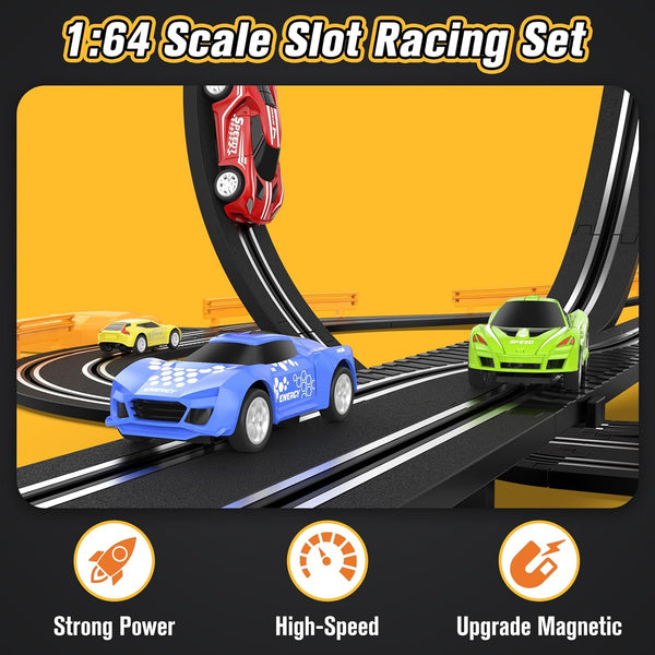 Slot-Car-Race-Track-Sets for Boys Kids, Battery or Electric Race Car Track with 4 High-Speed Slot Cars, Dual Racing Game 2 Hand Controllers