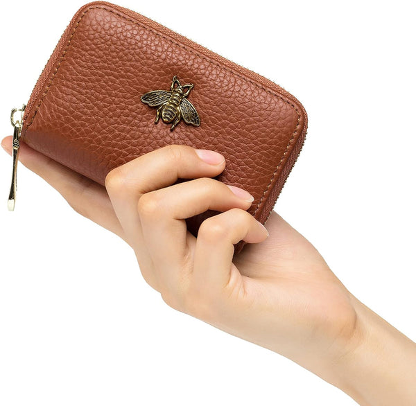 imeetu RFID Credit Card Holder, Small Leather Zipper Card Case Wallet for Women Lite Lite - Brown