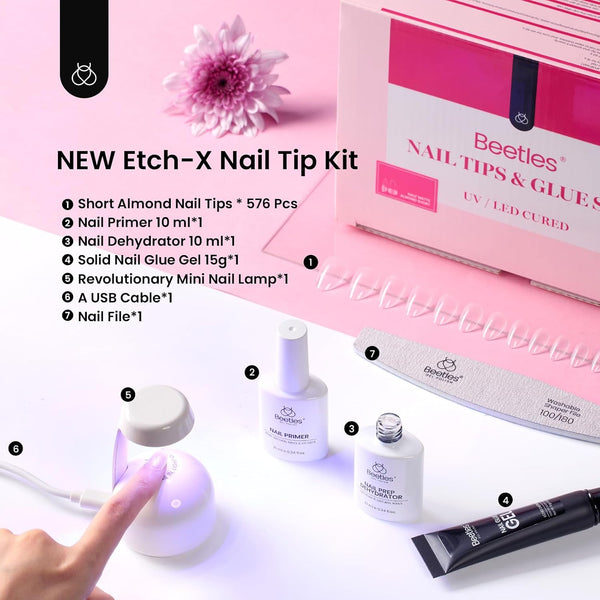 Beetles Gel Nail Kit Short Almond, with Dehydrator and Primer | 576Pcs Half Matte Etch-X Gel Nail Tips Solid Nail Glue Mini Lamp Acrylic Tips DIY